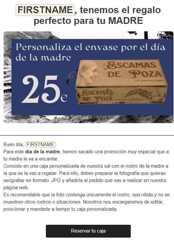 Email del Día de la Madre con la caja personalizada a 25 euros