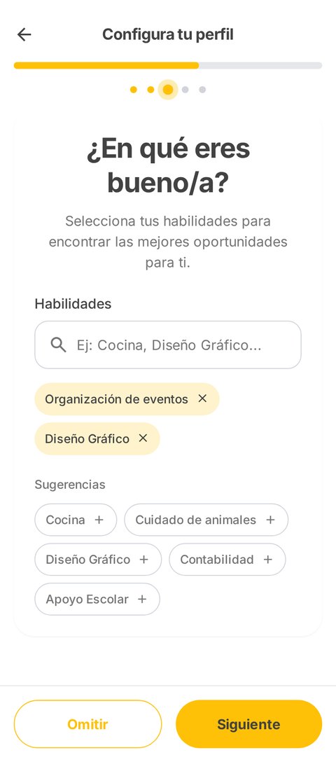 Pantalla para configurar el perfil con tus habilidades