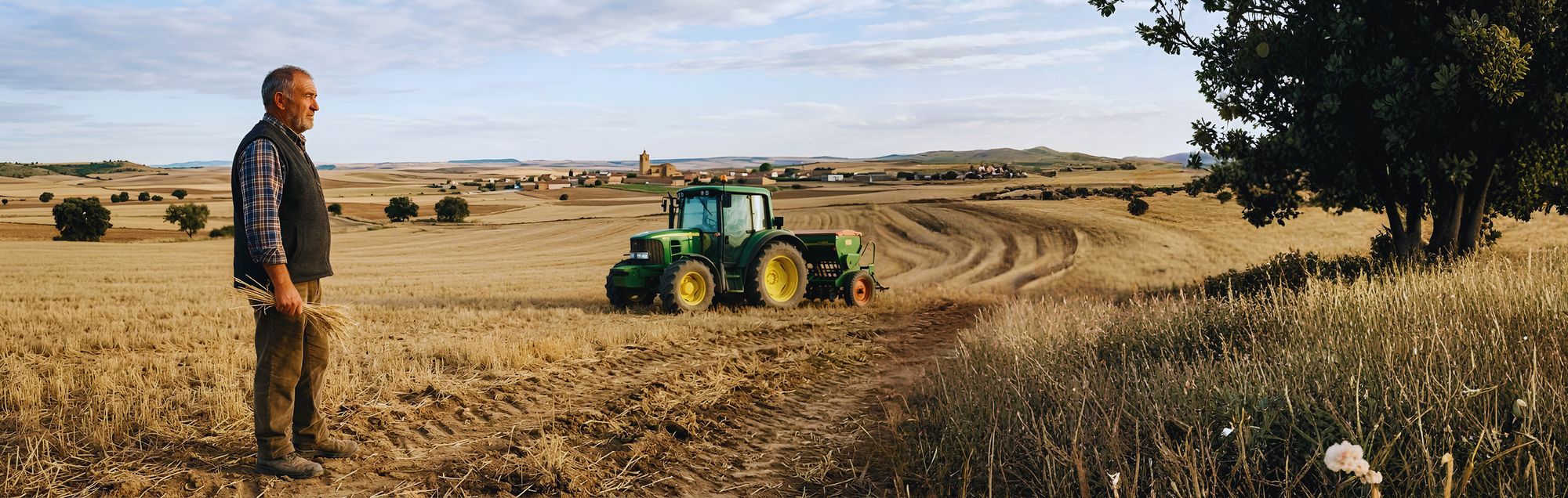 Agricultor de pie junto a su tractor en un campo de Castilla