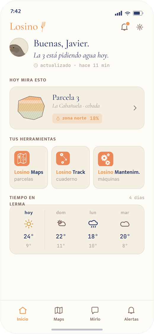 Pantalla de inicio de la app de Losino